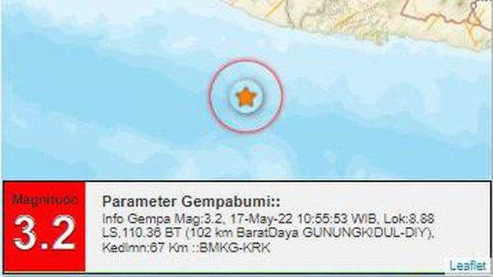 Gempa bermagnitudo 3,2 di barat daya Gunungkidul, Selasa (17/5/2022).