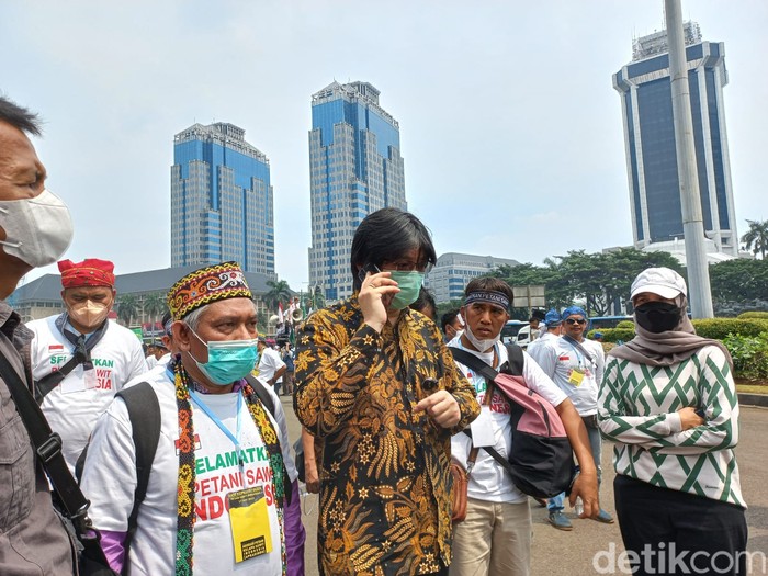 Massa Asosiasi Petani Kelapa Sawit Indonesia (Apkasindo) menuntut pemerintah untuk mencabut larangan ekspor crued palm oil (CPO) atau minyak goreng. (Anggi M/detikcom)