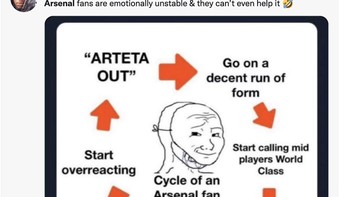 Siklus Mikel Arteta di Arsenal seperti lingkaran setan, begitu memberi harapan, tiba-tiba jadi payah lagi. Foto: Twitter