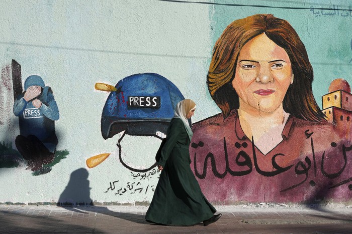 Mural Shireen Abu Aqleh A mural of slain of Al Jazeera journalist Shireen Abu Akleh is on display, in Gaza City, Sunday, May 15, 2022. Abu Akleh was shot and killed while covering an Israeli raid in the occupied West Bank town of Jenin on May 11, 2022. (AP Photo/Adel Hana)