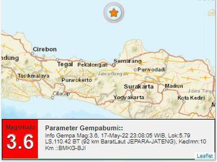 Gempa bumi bermagnitudo 3,6 terjadi di barat laut Jepara, Jawa Tengah, Selasa (17/5/2022) pukul 23.08 WIB.