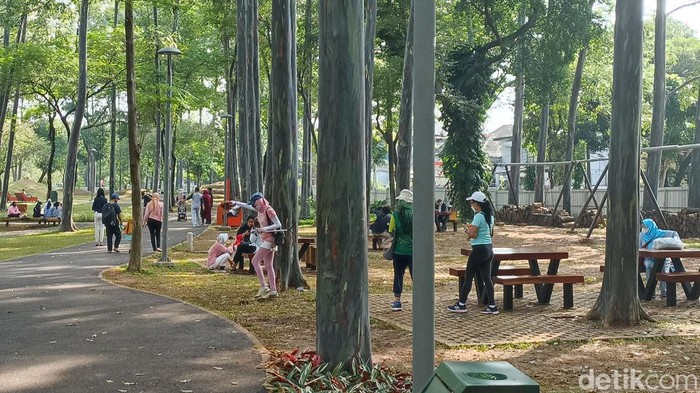 Sebagian warga masih menggunakan masker saat mengunjungi Tebet Eco Park, Jakarta Selatan, karena masih waswas dengan penularan COVID-19. (Wildan N/detikcom)