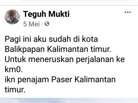 Teguh Mukti Wibowo saat tiba di Balikpapan. Foto ini diunggah di akun facebook Teguh pada 5 Mei 2022.