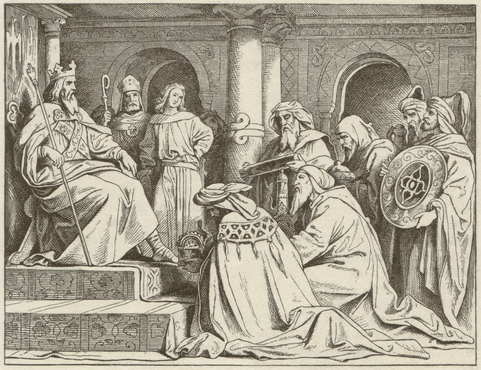 The ambassadors of the Caliph Harun ar-Rashids (Harun al-Rashid) before Charlemagne (747/748 - 814) in 801. Wood engraving after a painting  (1880) by Moritz von Schwind (German painter, 1804 - 1871), published in 1881.