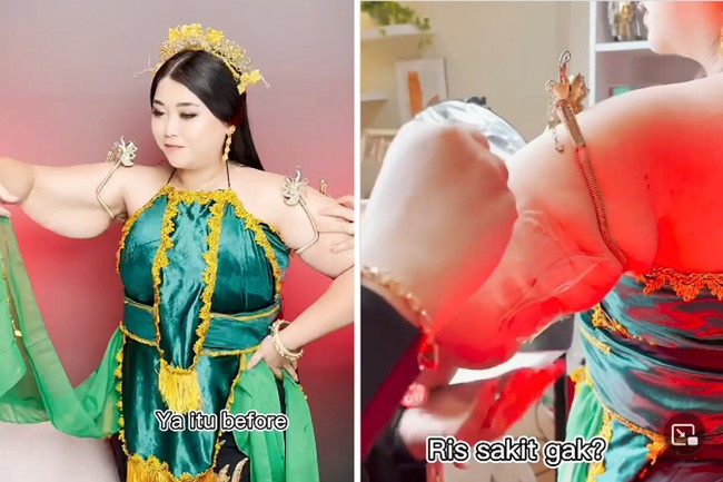 Clarissa menjawab pertanyaan para netizen tentang proses pengambilan gambar dengan mengunggah behind the scenes. Wanita itu terlihat memang menyiapkannya secara maksimal. Ia bahkan mengikat lengannya dengan selotip agar terlihat lebih kecil ketika adegan menari.Foto: Instagram @clarissaputri