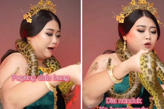 Begini ketakutan Clarissa Putri ketika berinteraksi dengan ular. Beberapa kali syutingnya dihentikan karena ular tersebut bergerak ke berbagai arah. Foto: Instagram @clarissaputri