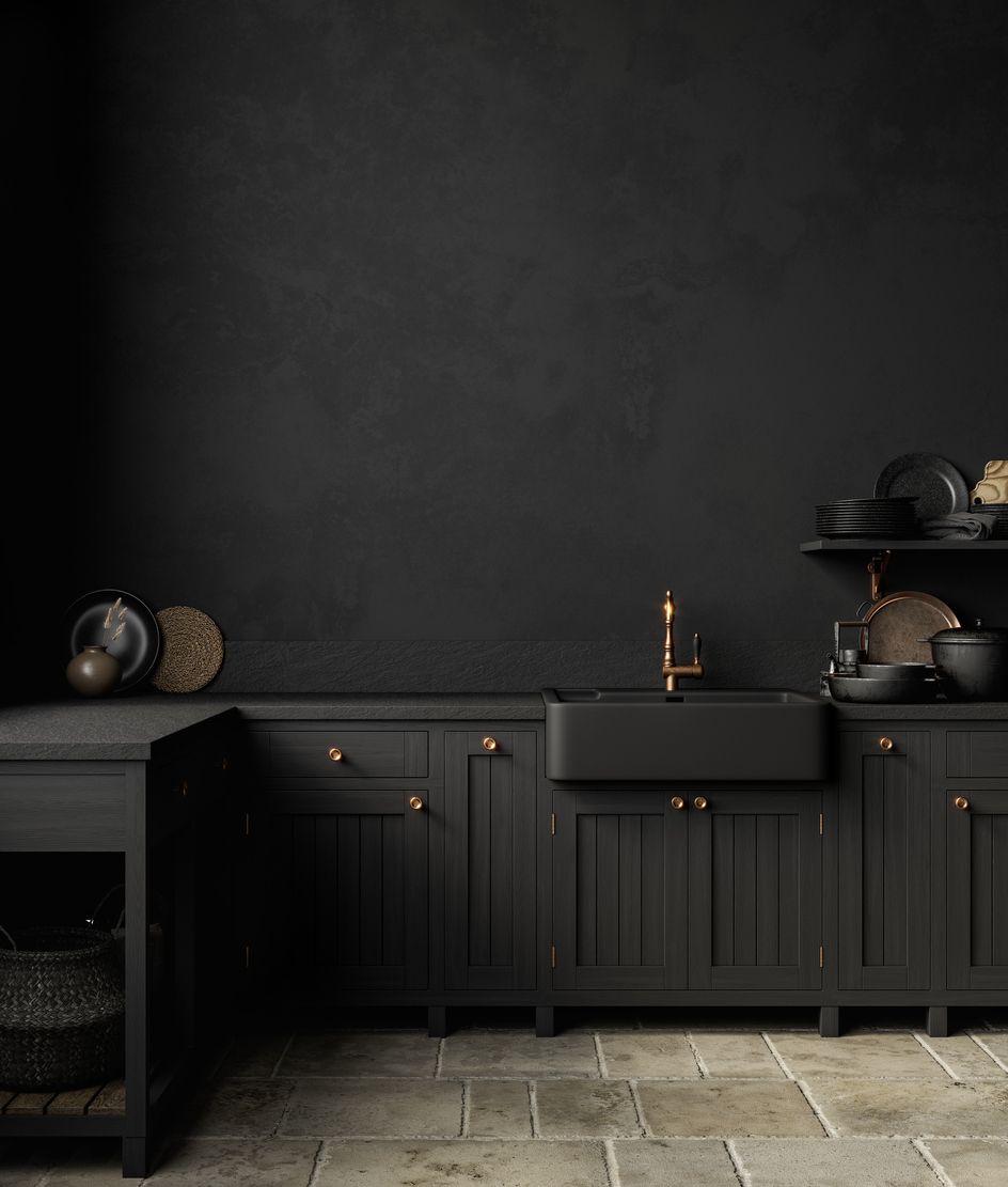 Minimal style black kitchen 3d render.There are white floor and wall, Glossy white cabinet doors,Black refrigerator and oven,The room has large windows. lookink out to the city view.