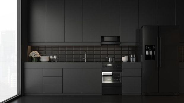 Minimal style black kitchen 3d render.There are white floor and wall, Glossy white cabinet doors,Black refrigerator and oven,The room has large windows. lookink out to the city view.