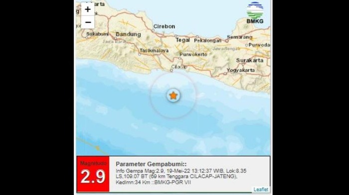 Gempa M2,9 terjadi di Perairan Cilacap, Jawa Tengah, (19/5/2022).