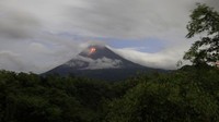 Lava menyembur dari puncak Merapi saat erupsi efusif terlihat dari Desa Turgo, Sleman, Yogyakarta, Kamis (19/5/2022).  