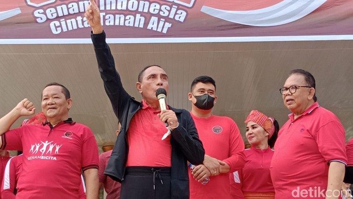 Gubernur Sumut Edy Rahmayadi dan Wali Kota Medan Bobby Nasution saat menghadiri acara PDIP Sumut