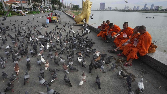 Ketika Biksu Cilik Memberi Makan Merpati Cambodian Buddhist monks throw corn seeds to feed the birds in front of the Royal Palace, in Phnom Penh, Cambodia, Friday, May 20, 2022. (AP photo/Heng Sinith)