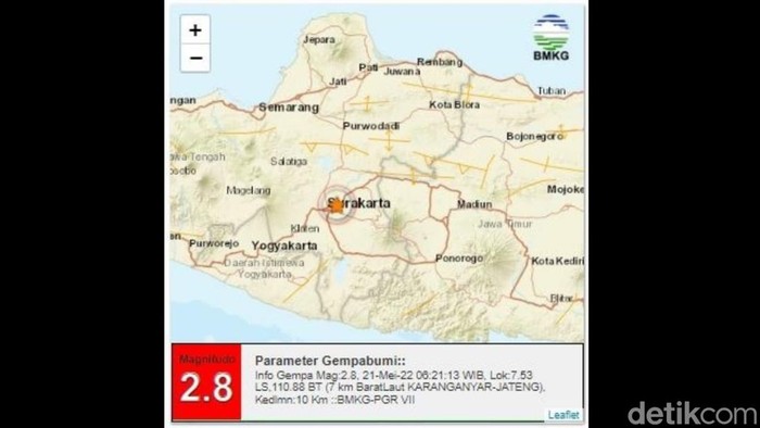 Gempa darat M 2,8 terjadi di Karanganyar, Sabtu (21/5/2022).
