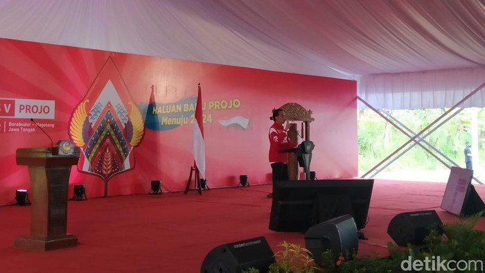 Jokowi pidato di Rakernas Projo, Borobudur, Magelang, Sabtu (21/5/2022).