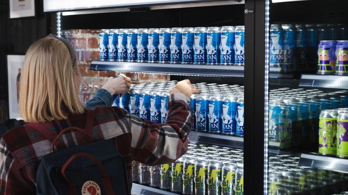 OTAN beer cans are seen on the production line at the Olaf brewery poses on May 19, 2022 in Savonlinna, Finland. - The local brewery decided to create a celebrative beer for Finland joining NATO. (Photo by Alessandro RAMPAZZO / AFP) (Photo by ALESSANDRO RAMPAZZO/AFP via Getty Images)