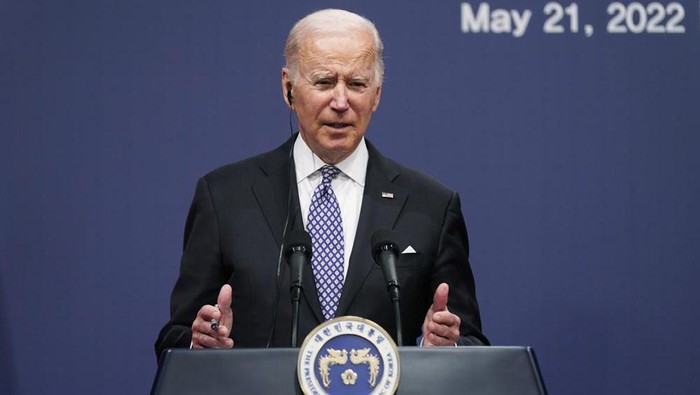 U.S. President Joe Biden speaks during a news conference with South Korean President Yoon Suk Yeol at the Peoples House inside the Ministry of National Defense, Saturday, May 21, 2022, in Seoul, South Korea. (AP Photo/Evan Vucci)