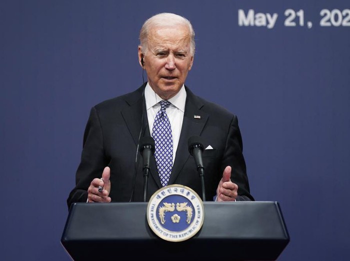 U.S. President Joe Biden speaks during a news conference with South Korean President Yoon Suk Yeol at the Peoples House inside the Ministry of National Defense, Saturday, May 21, 2022, in Seoul, South Korea. (AP Photo/Evan Vucci)