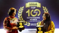 Direktur Assets Management PT Bank Tabungan Negara (Persero) Tbk Elisabeth Novie Riswanti berbincang dengan Wakil Ketua Dewan Komisioner Otoritas Jasa Keuangan (OJK) Nurhaida usai menerima penghargaan Top 100 Most Outstanding Woman 2022 di Solo, Jawa Tengah. 