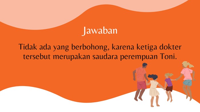 Jawaban Toni benar, karena ia hanya memiliki 3 saudara perempuan yaitu ketiga dokter tersebut.