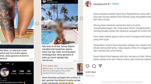 Foto seorang bule perempuan yang mengenakan bikini dan memperlihatkan tato bergambar Ganesha di pahanya menjadi perbincangan publik di Bali setelah diunggah oleh akun niluhdjelantik.