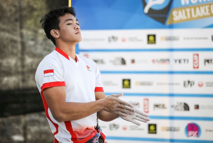 SALT LAKE CITY, UTAH - MAY 28: Kiromal Katibin of Indonesia looks on during the speed climbing practice before qualifications of the IFSC Climbing World Cup at Industry SLC on May 28, 2021 in Salt Lake City, Utah. (Photo by Andy Bao/Getty Images)