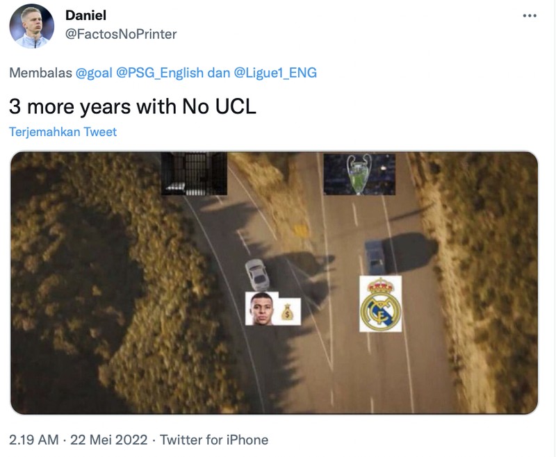 Meme fans Real Madrid kecewa Kylian Mbappe bertahan di PSG.