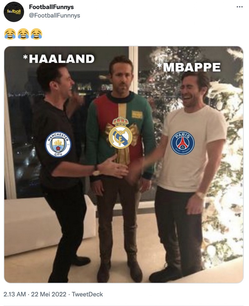 Meme fans Real Madrid kecewa Kylian Mbappe bertahan di PSG.