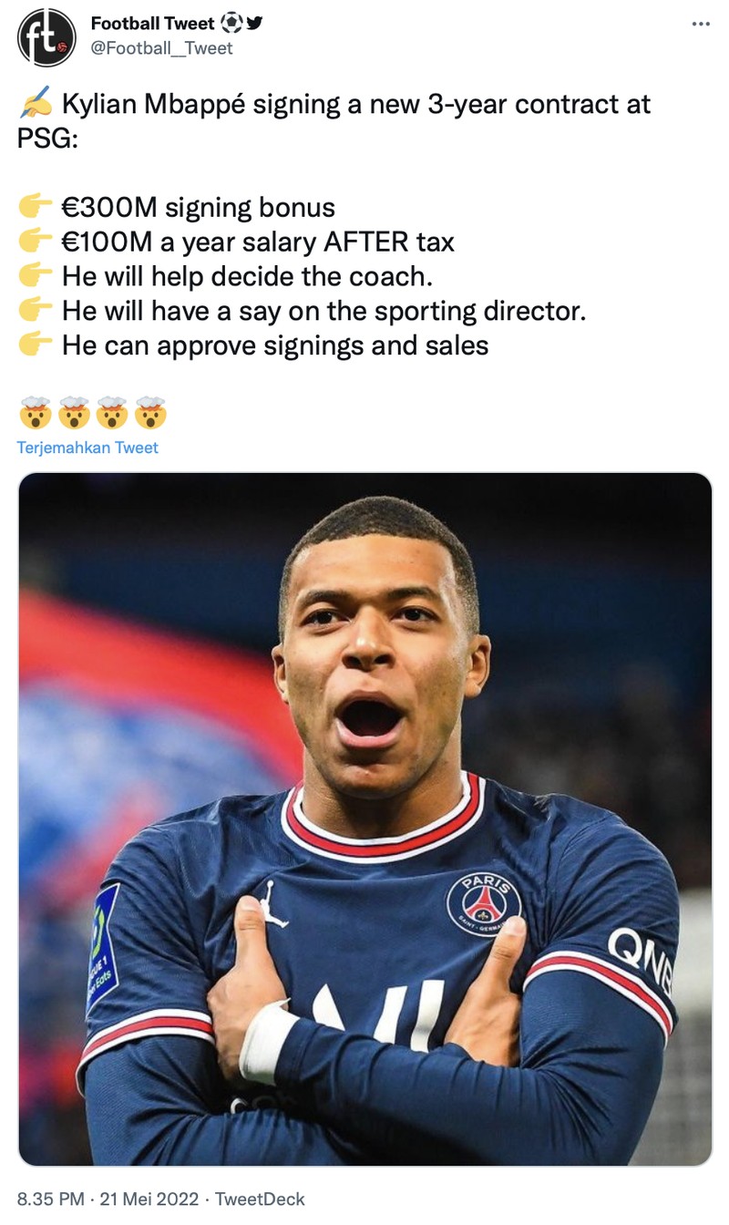 Meme fans Real Madrid kecewa Kylian Mbappe bertahan di PSG.