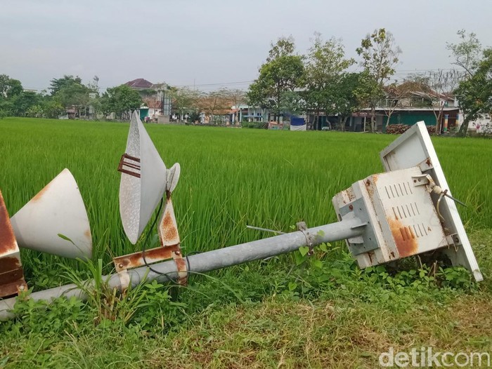 Alat perangkap hama wereng di Desa Plosowangi, Kecamatan Cawas, Klaten, ambruk, dipotret pada Senin (23/5/2022) siang.