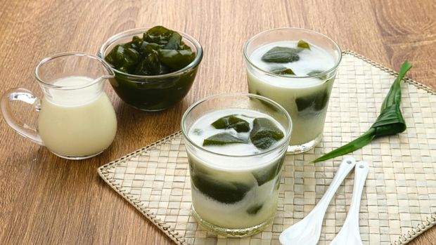 Green Grass Jelly, A Traditional Indonesian Dessert. Made from grass jelly, coconut milk and palm sugar. Selected focus.