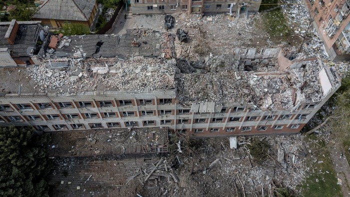 A destroyed building is seen after a rocket attack on a university campus, amid Russia's invasion, in Bakhmut, in the Donetsk region, Ukraine, May 21, 2022. Picture taken with a drone. REUTERS/Carlos Barria