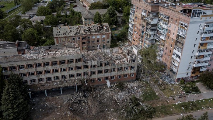A destroyed building is seen after a rocket attack on a university campus, amid Russia's invasion, in Bakhmut, in the Donetsk region, Ukraine, May 21, 2022. Picture taken with a drone. REUTERS/Carlos Barria