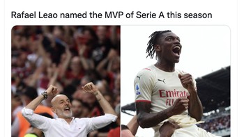 Pelatih Stefano Pioli menjadi pelatih terbaik Serie A dan Rafael Leao menjadi pemain paling bernilai atau Most Valuable Player bagi AC Milan. Foto: Twitter