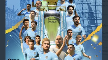 Pelatih dan pemain City versi video game merayakan kesuksesannya. Foto: Twitter