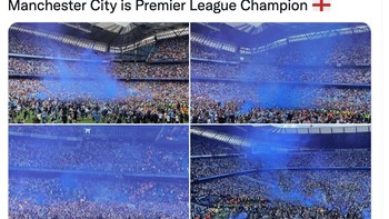 Etihad Stadium pun gegap gempita menyambut City jadi juara Liga Inggris. Foto: Twitter