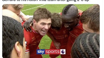 Mantan bintang Liverpool Steven Gerrard awalnya berhasil membuat Aston Villa unggul 2-0 atas City sehingga harapan Liverpool juara pun membumbung tinggi. Foto: Twitter