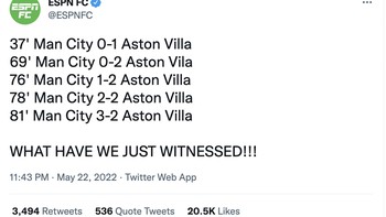 Namun secara dramatis City mampu membalikkan keadaan dan mencetak 3 gol. Foto: Twitter