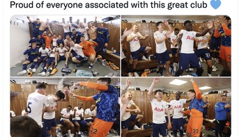 Suasana ruang ganti Spurs usai pasti lolos Liga Champions dan Son jadi top skor. Foto: Twitter