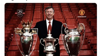 Fans MU ini coba menghibur diri bahwa hanya MU yang pernah meraih treble sejati di bawah asuhan Alex Ferguson. Foto: Twitter