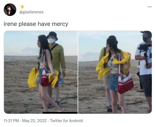 Tangkapan layar dari akun Twitter @gisellerenes, yang memperlihatkan Irene Red Velvet sedang di pantai.