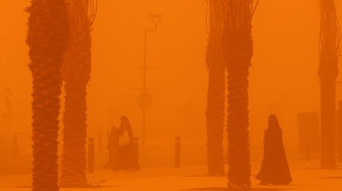 This picture taken on May 23, 2022 shows an aerial view of a massive dust storm advancing into Kuwait City above Kuwait University Campus. (Photo by YASSER AL-ZAYYAT / AFP) (Photo by YASSER AL-ZAYYAT/AFP via Getty Images)