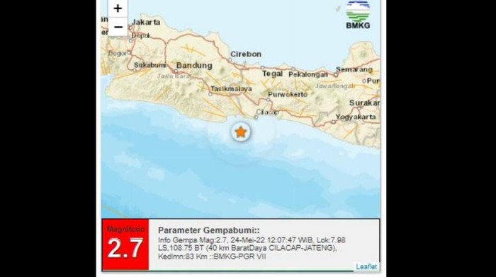 Gempa M 2,7 di perairan Cilacap Jawa Tengah, Selasa (24/5/2022).