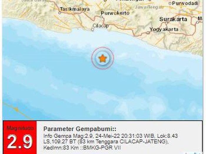 Gempa M 2,9 guncang tenggara Cilacap, Selasa (24/5/2022) pukul 20.31 WIB.