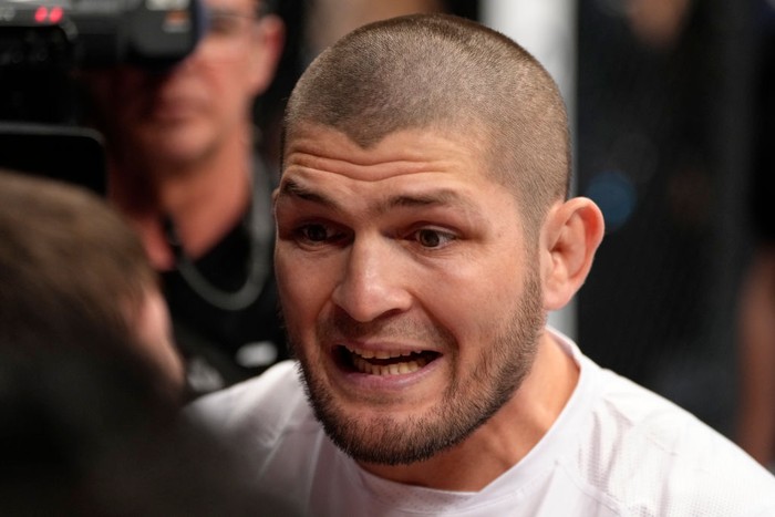 LAS VEGAS, NEVADA - MARCH 05: Khabib Nurmagomedov is seen in the corner of Tagir Ulanbekov of Russia during his flyweight fight against Tim Elliott during the UFC 272 event on March 05, 2022 in Las Vegas, Nevada. (Photo by Jeff Bottari/Zuffa LLC)
