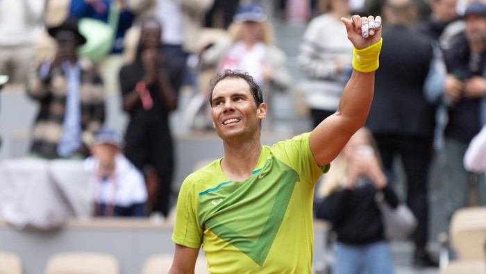 PARIS, FRANCE - MAY 23: Rafael Nadal of Spain celebrates winning match point against Jordan Thompson of Australia during the Mens Singles First Round match on Day 2 of The 2022 French Open at Roland Garros on May 23, 2022 in Paris, France. (Photo by Tnani Badreddine/DeFodi Images via Getty Images )