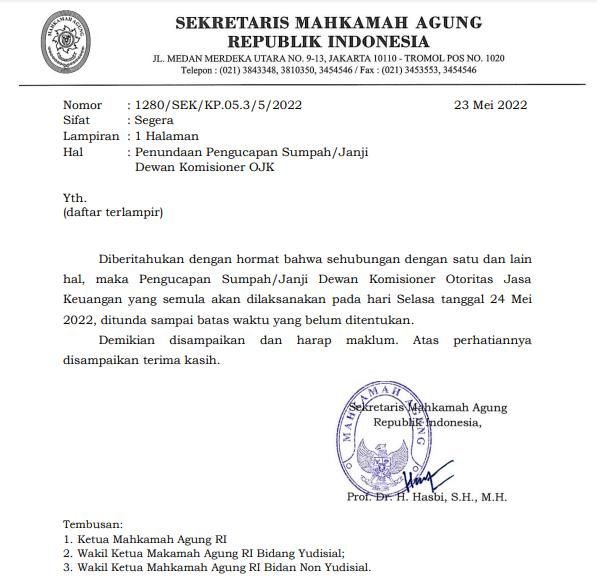 Surat Mahkamah Agung (MA) Pembatalan Pelantikan DK OJK