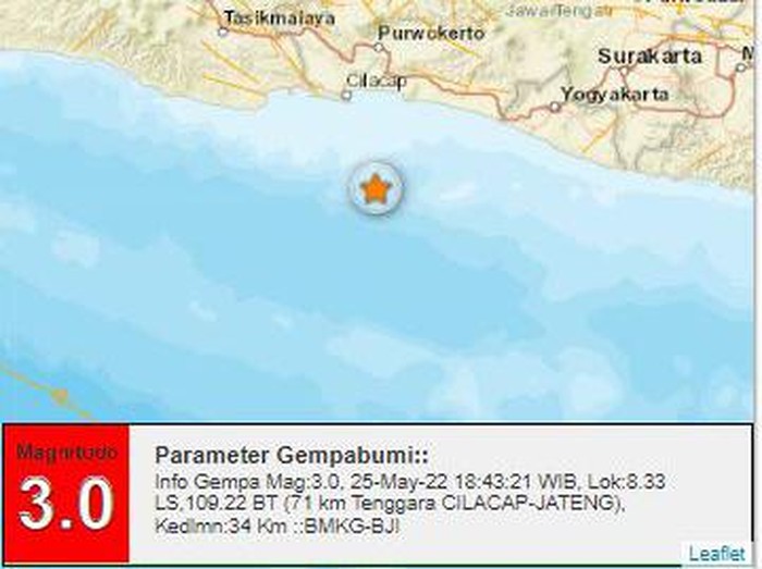 Gempa M 3 terjadi di sebelah tenggara Cilacap, Rabu (25/5/2022) pukul 18.43 WIB.