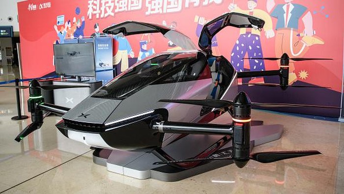 GUANGZHOU, CHINA - MAY 24: A view of a two-seater eVTOL (electric vertical take-off and landing) flying car called the XPengs X2 in Guangzhou, Guangdong province of China on May 24, 2022. (Photo by Stringer/Anadolu Agency via Getty Images)