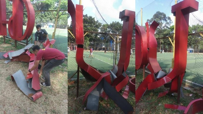 Ornamen huruf U rusak di Taman Persib.