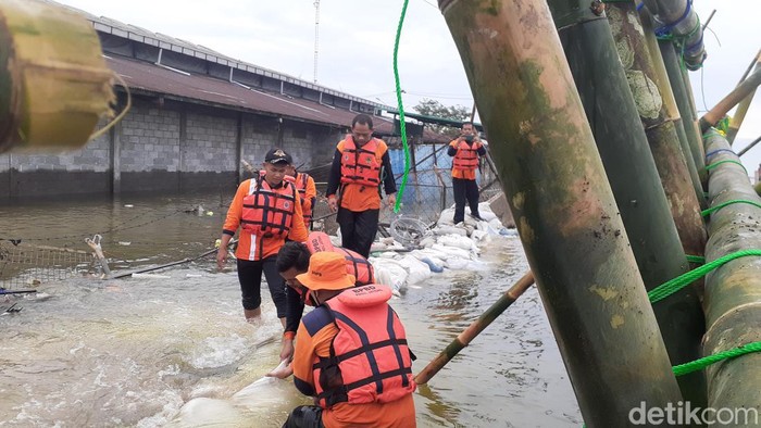 Proses pembuatan tanggul darurat di area Pelabuhan Tanjung Emas Semarang, Rabu (25/5/2022).